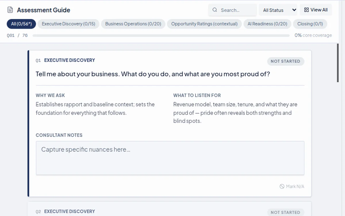 AIM Assess: a guided business interview with a live transcript and an AI collaborator panel